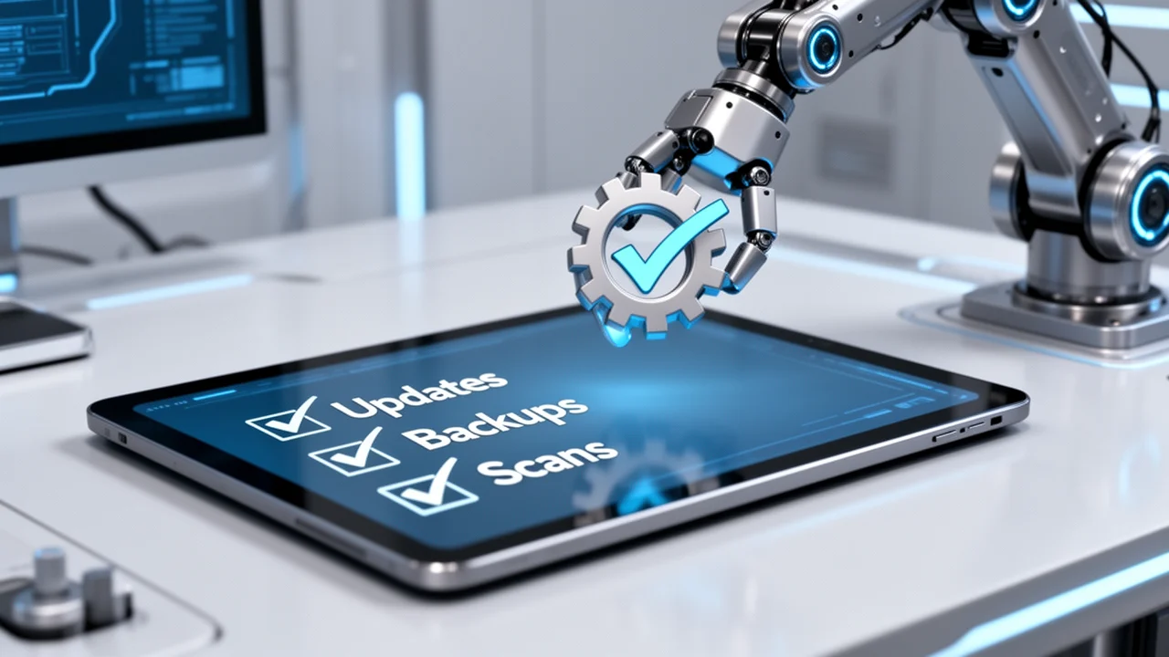 A robotic arm automating a digital checklist, symbolizing the hands-off automation of repetitive website maintenance tasks.