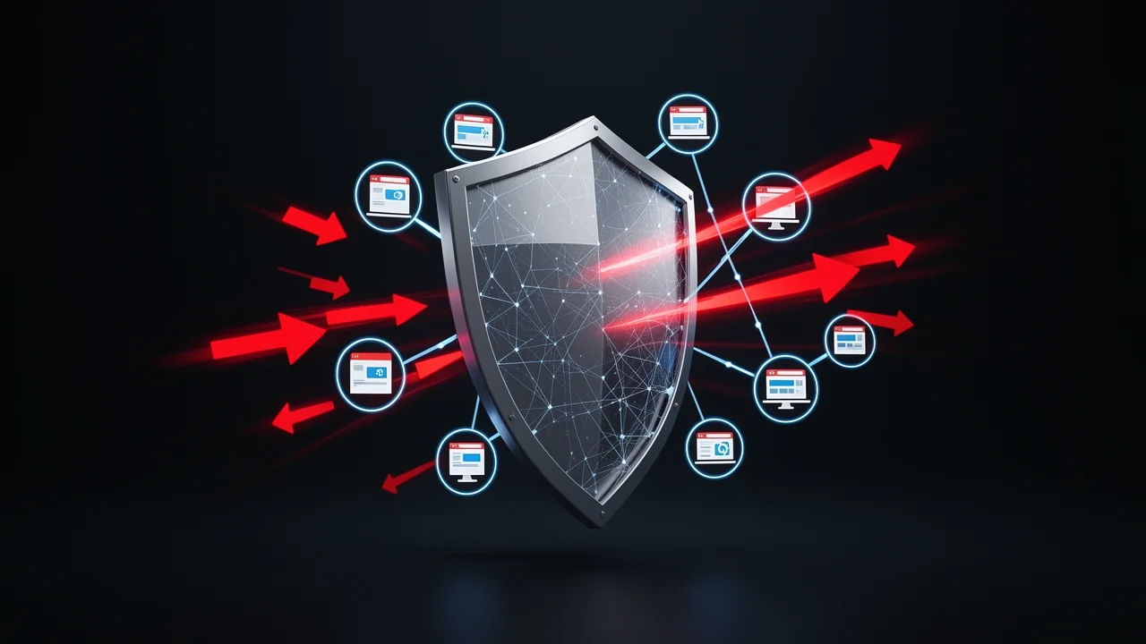 A shield protecting a network of websites, representing security and risk mitigation for Private Blog Networks.