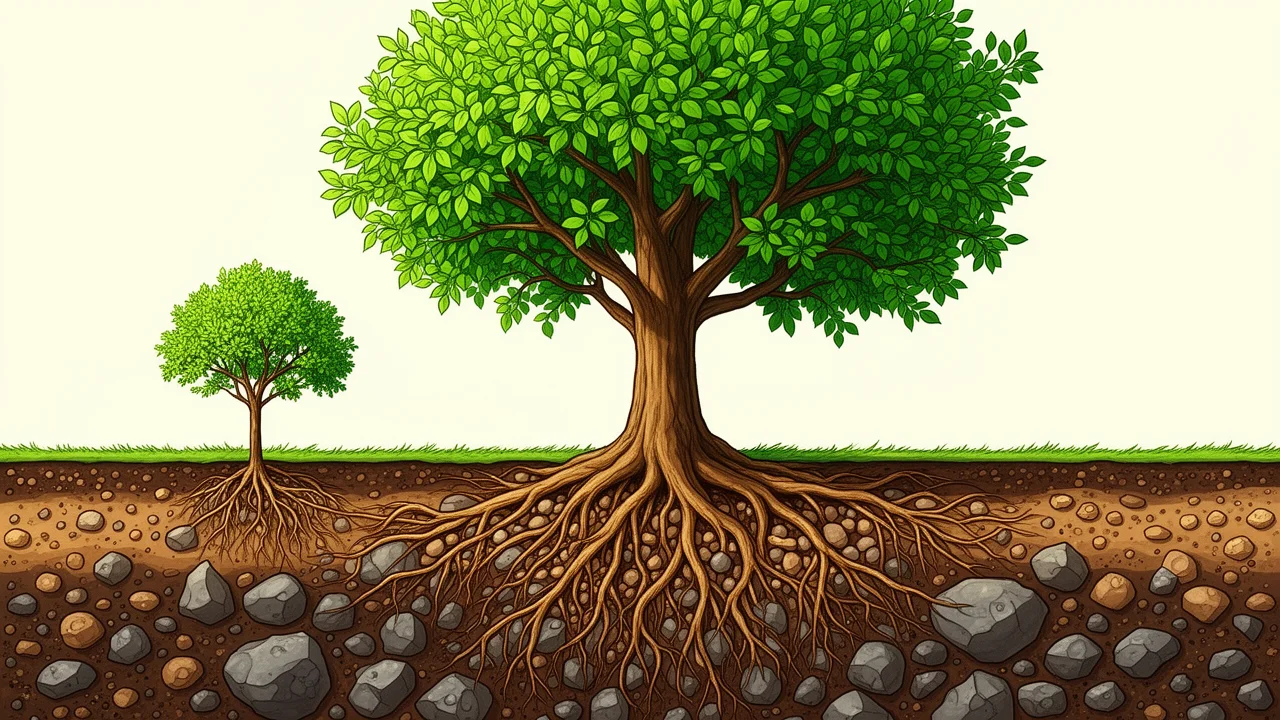A tree growing from small to large, with roots spreading into diverse soil, representing the safe and organic scaling of a PBN network.