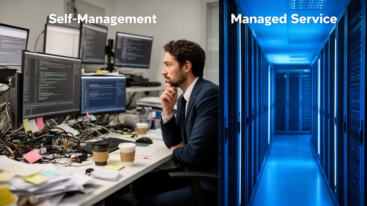 A visual comparison between the complexity of self-managed PBNs and the streamlined efficiency of a managed PBN service.