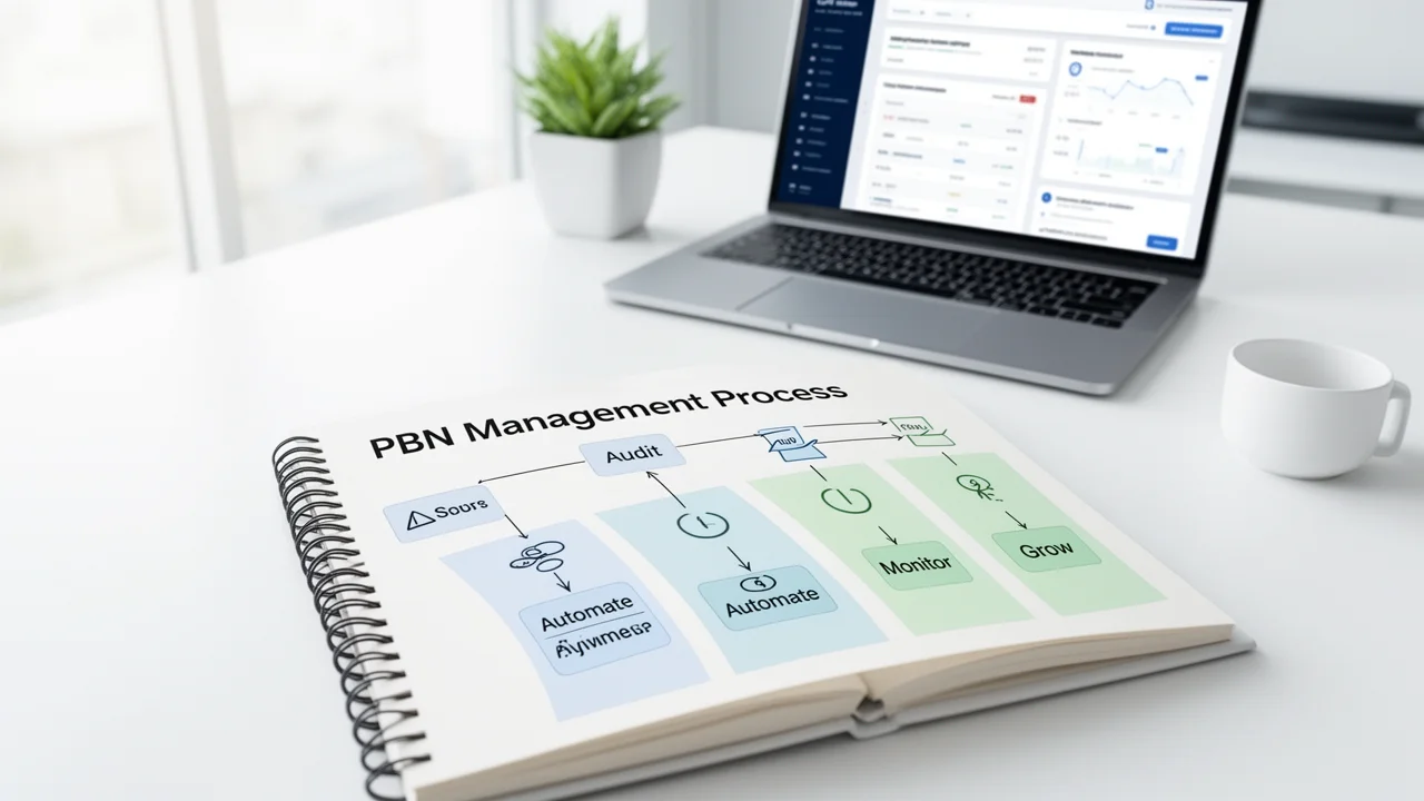A visual representation of a systematic PBN management methodology, showing a process flowchart on a notebook in a professional workspace.