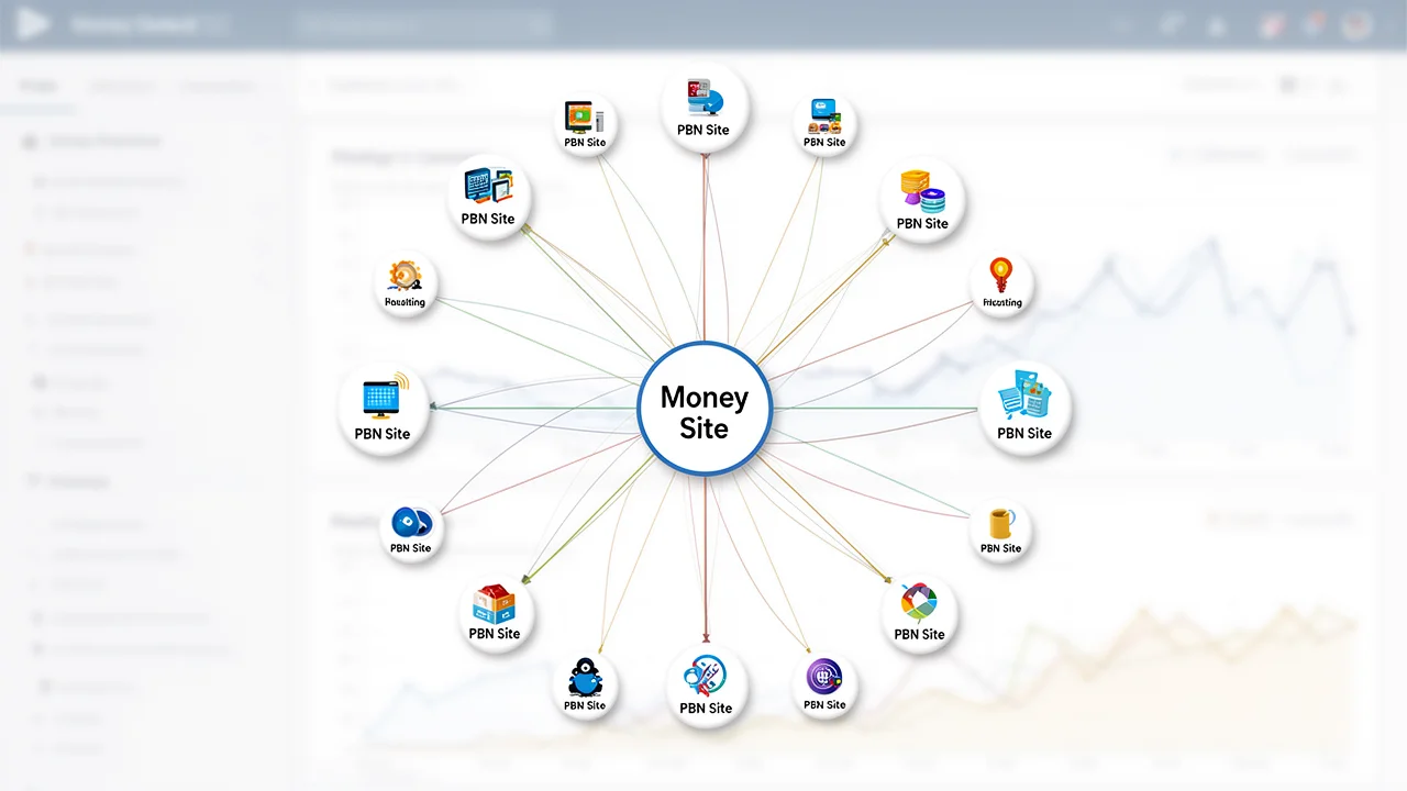 Diagram illustrating a Private Blog Network structure, showing a central target site connected to multiple unique, independently-hosted satellite sites, highlighting the core management concept of diversity and separation.