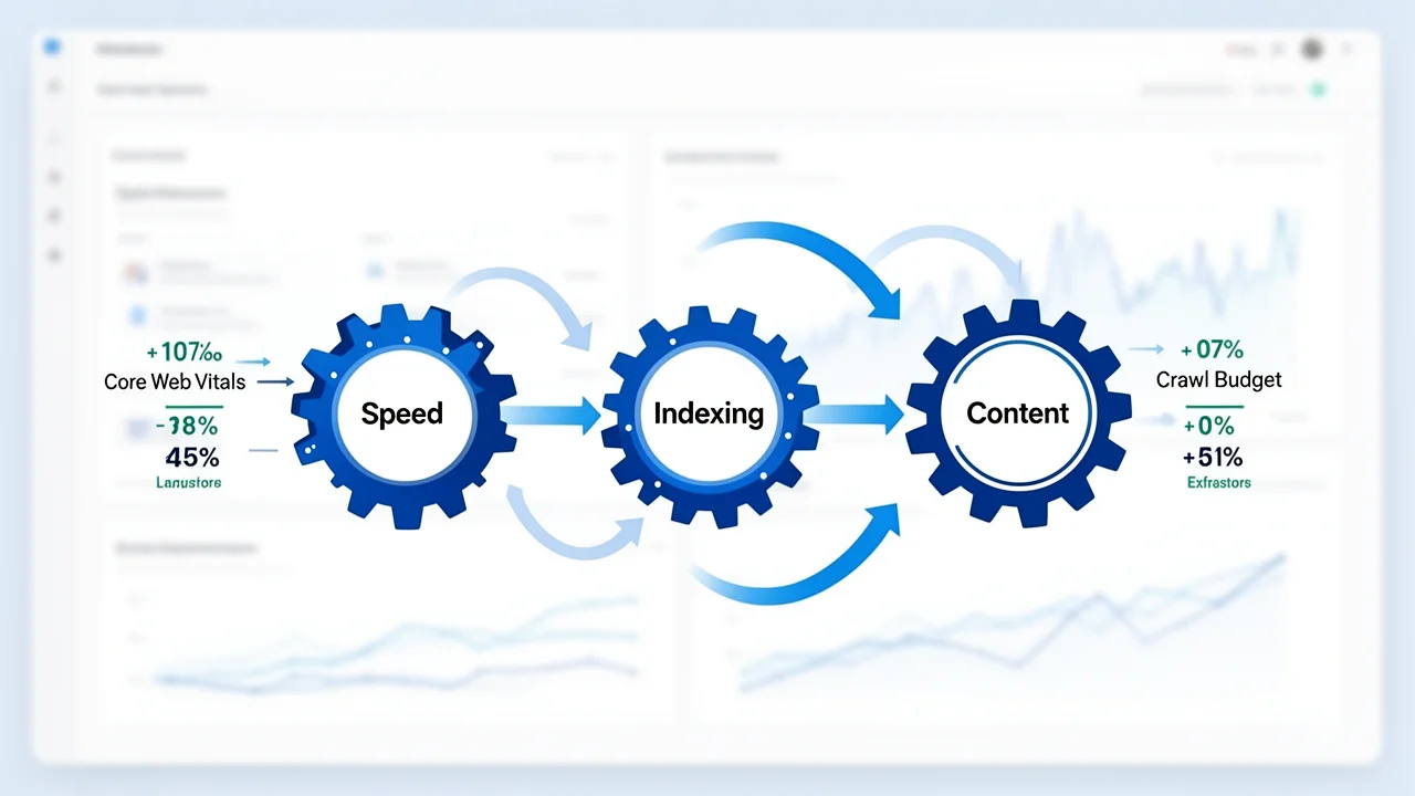 Infographic illustrating the three core pillars of PBN performance optimization:
Technical Speed, Indexing, and Content Quality, showing how they interconnect to
improve network effectiveness.