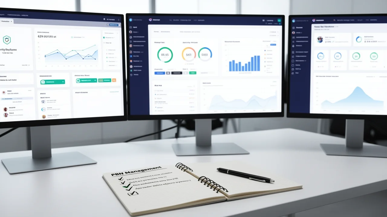 A professional PBN manager's workstation showing multiple analytics dashboards and a management checklist, representing organized network oversight.