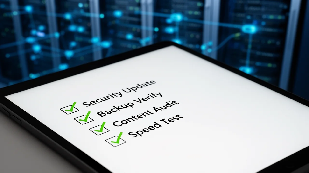 A monthly maintenance checklist for PBNs on a tablet, showing essential tasks for network health and security.