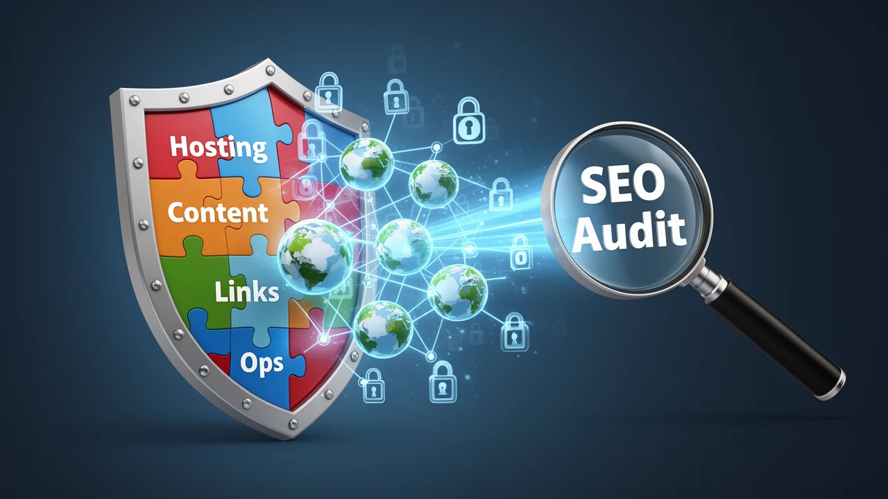 A shield protects a network of websites from an audit magnifying glass, symbolizing PBN security enhancement through hosting, content, linking, and operational measures.