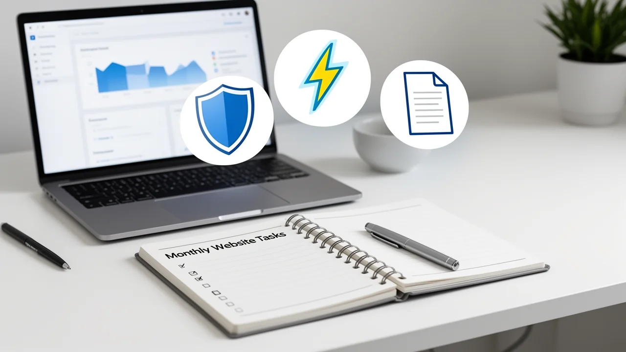 A workspace illustrating website management with a dashboard, task checklist, and icons for security, speed, and content, representing the core pillars of site maintenance.